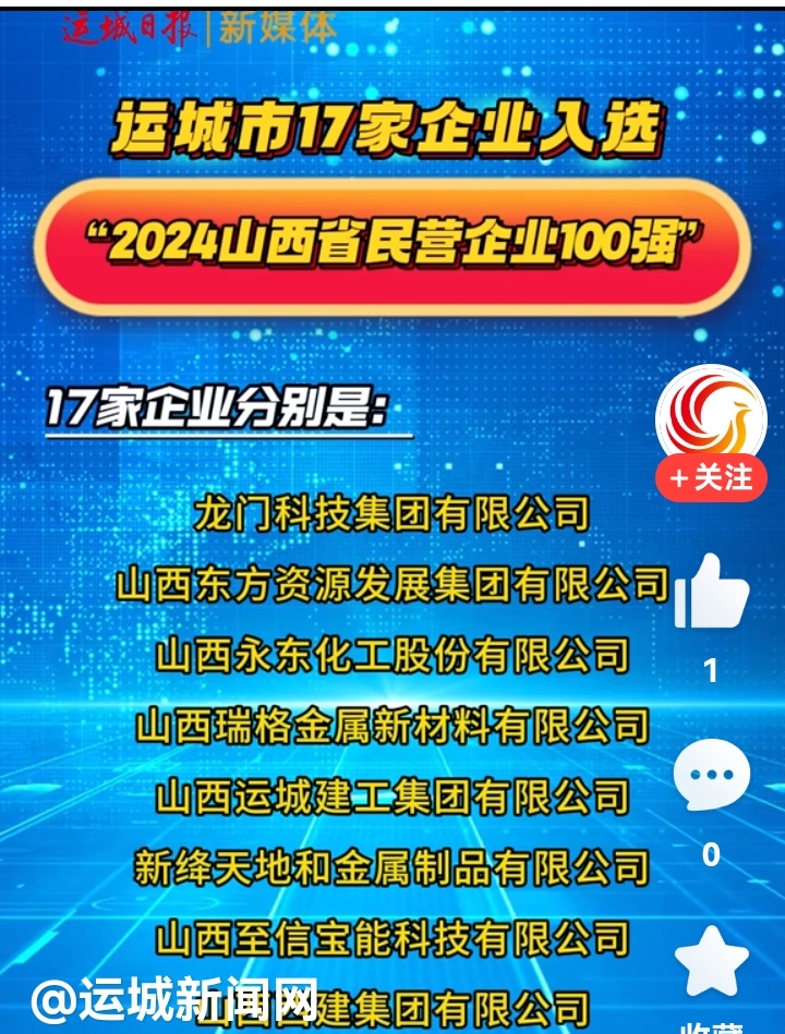 运城市17家企业入选“2024山西省民营企业100强”

一、山西建龙实业有限公 ...